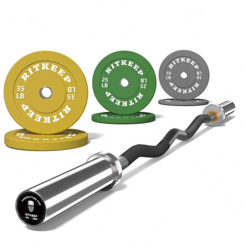 4ft Olympic EZ Curl Bar & Color Bumper Weight Plate Set Package