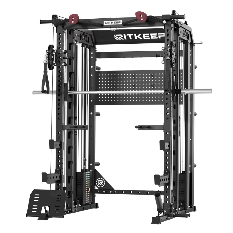 RitKeep Nimitz N1 Counterbalanced all-in-one Smith machine with 300lb weight stacks in black.