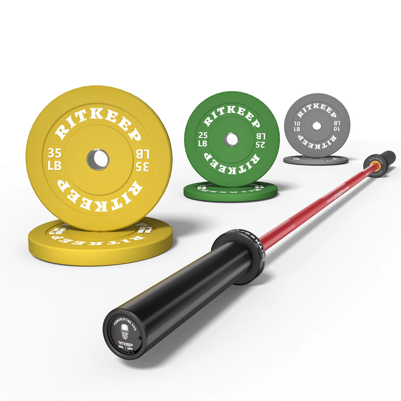 2" Colored Bumper Weight Plate Set & Olympic Barbell Package