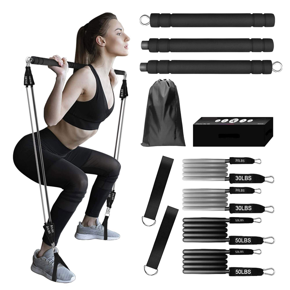 Kit De Barre De Pilates Portable Avec Bande De Résistance, Longue Barre De Resistance Baton De Yoga Barre D Exercice Rose
