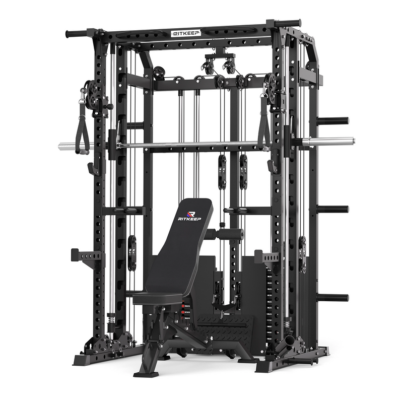 RitKeep ANVIL S1 Smith machine functional trainer with red adjustable weight bench and dual 155lb weight stacks.