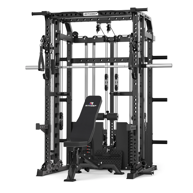 RitKeep ANVIL S1 Smith machine functional trainer with red adjustable weight bench and dual 155lb weight stacks.