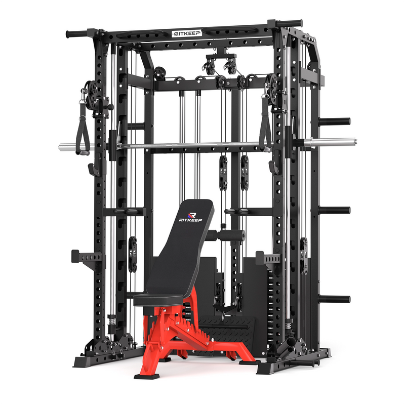RitKeep ANVIL S1 Smith machine functional trainer with red adjustable weight bench and dual 155lb weight stacks.
