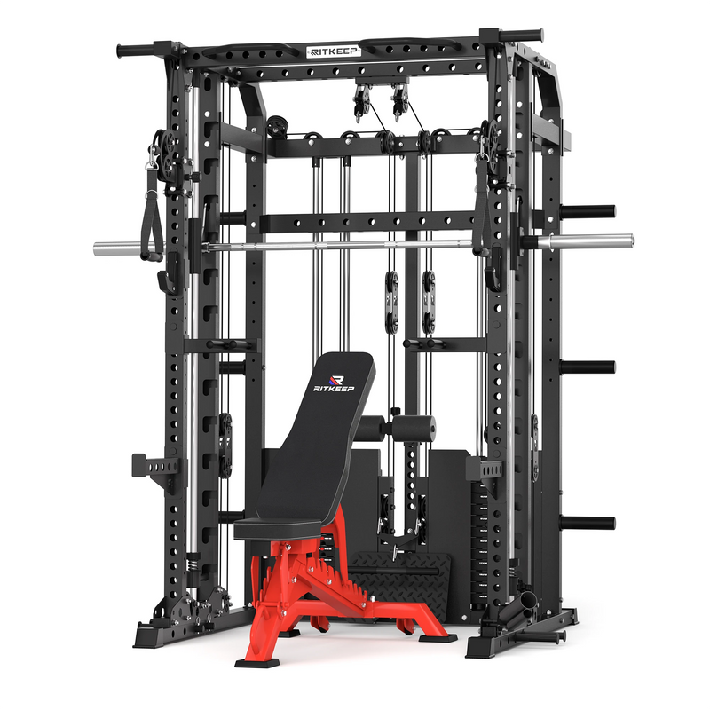 RitKeep ANVIL S1 Smith machine functional trainer with red adjustable weight bench and dual 155lb weight stacks.
