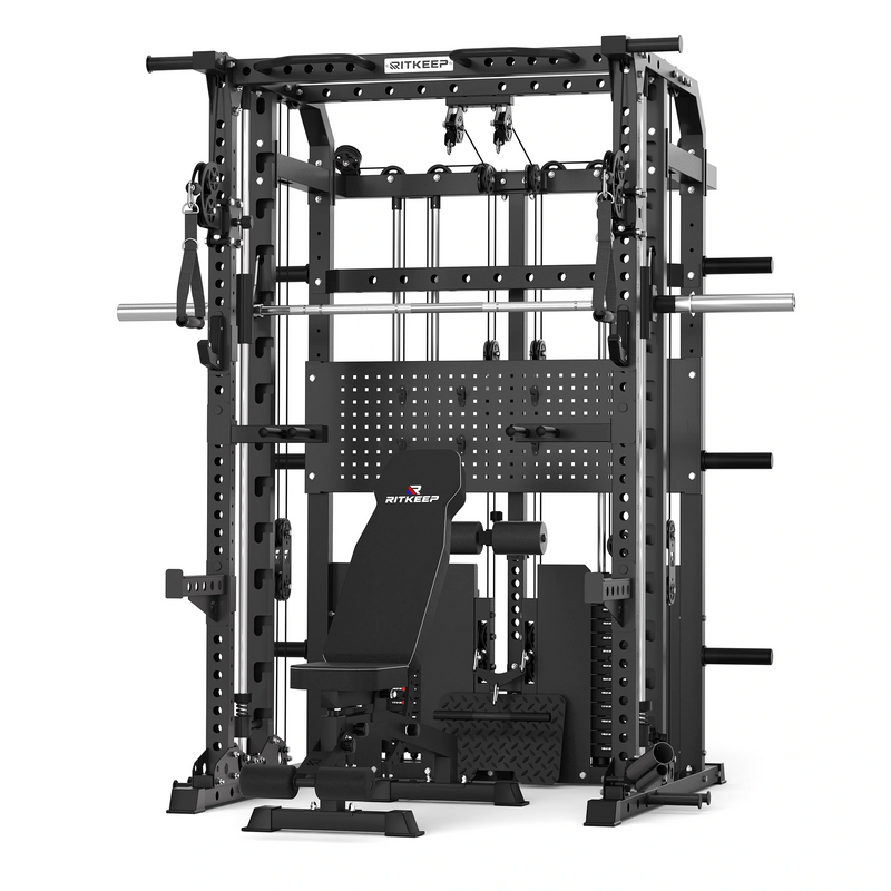 RitKeep ANVIL S1 all-in-one Smith machine with red adjustable weight bench and dual 155lb weight stacks.
