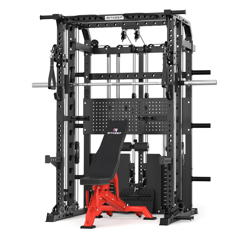 RitKeep ANVIL S1 all-in-one Smith machine with red adjustable weight bench and dual 155lb weight stacks.