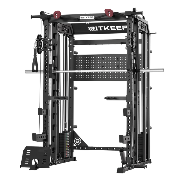 RitKeep Nimitz N1 Counterbalanced all-in-one Smith machine with 300lb weight stacks in black.