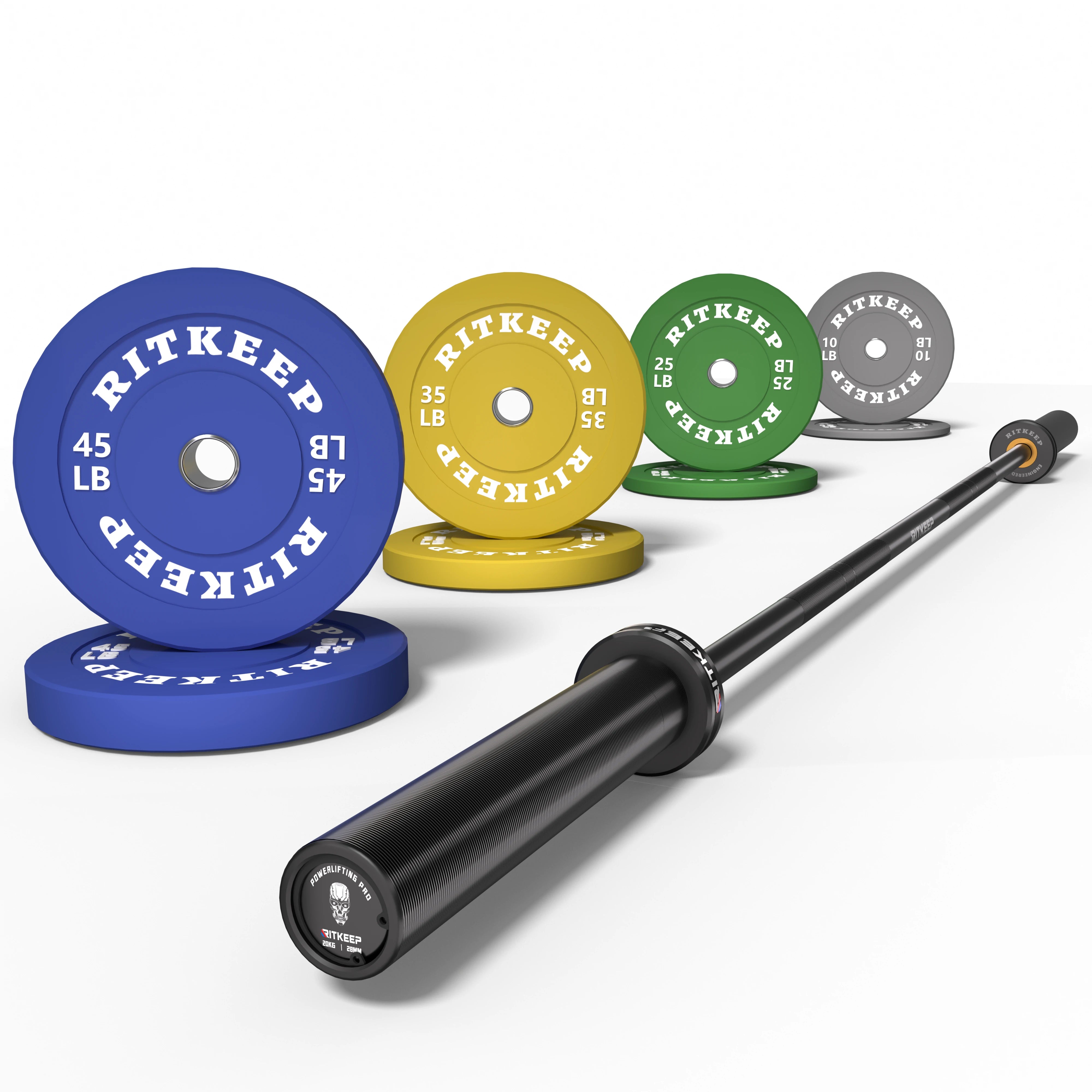 2" Colored Bumper Weight Plate Set & Olympic Barbell Package