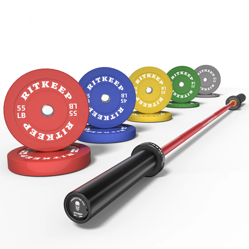 2" Colored Bumper Weight Plate Set & Olympic Barbell Package