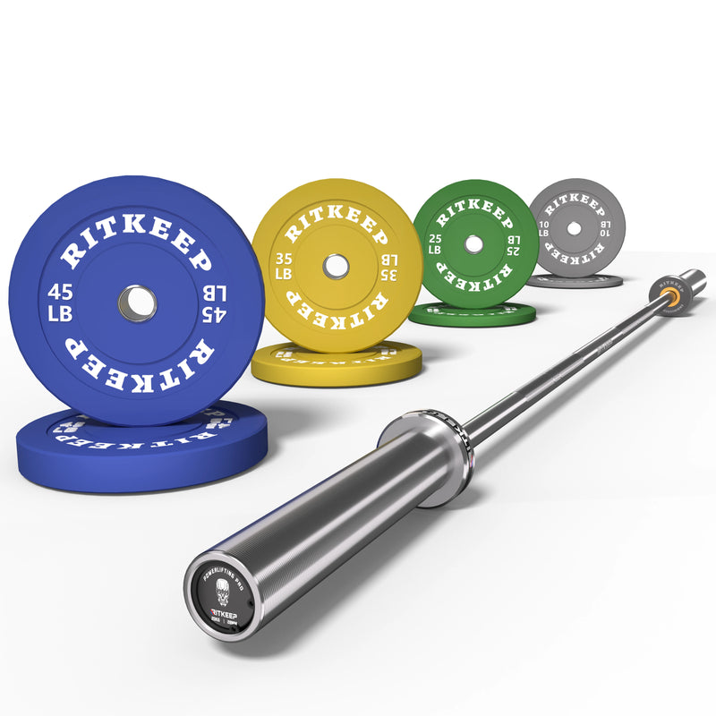 2" Colored Bumper Weight Plate Set & Olympic Barbell Package