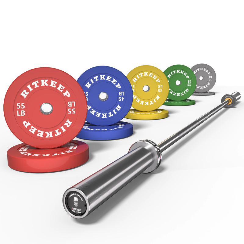 2" Colored Bumper Weight Plate Set & Olympic Barbell Package