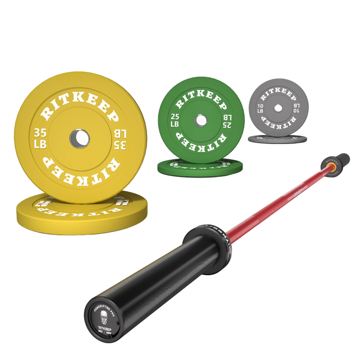 2" Colored Bumper Weight Plate Set & Olympic Barbell Package