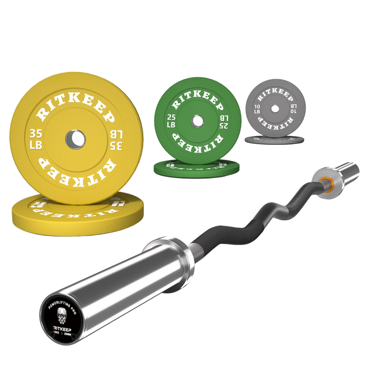 4ft Olympic EZ Curl Bar & 140 LB 2" Colored Bumper Weight Plate Package
