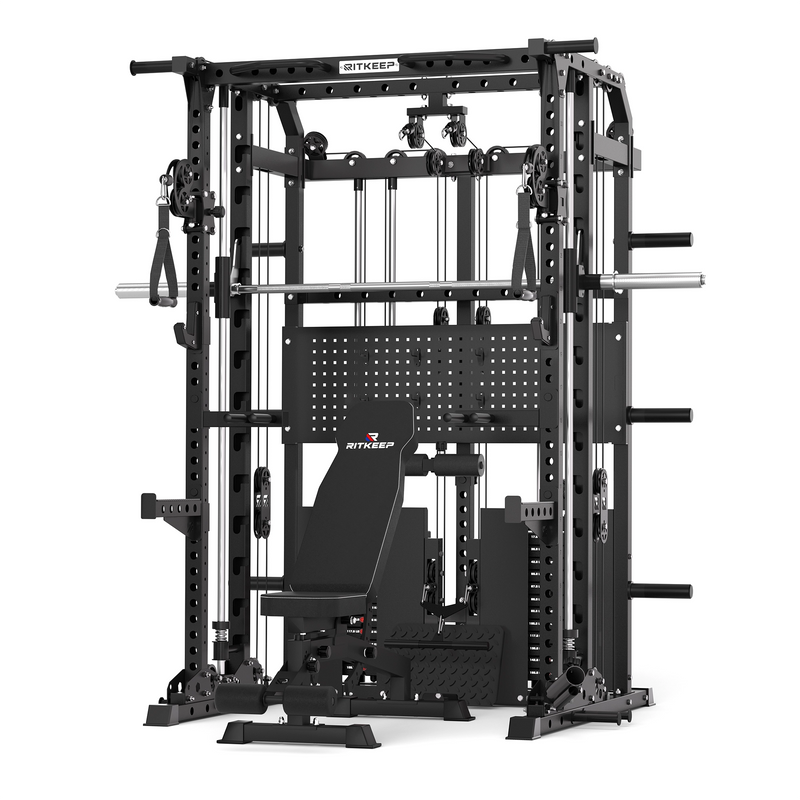 RitKeep ANVIL S1 all-in-one Smith machine with red adjustable weight bench and dual 155lb weight stacks.