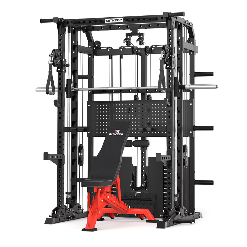RitKeep ANVIL S1 all-in-one Smith machine with red adjustable weight bench and dual 155lb weight stacks.
