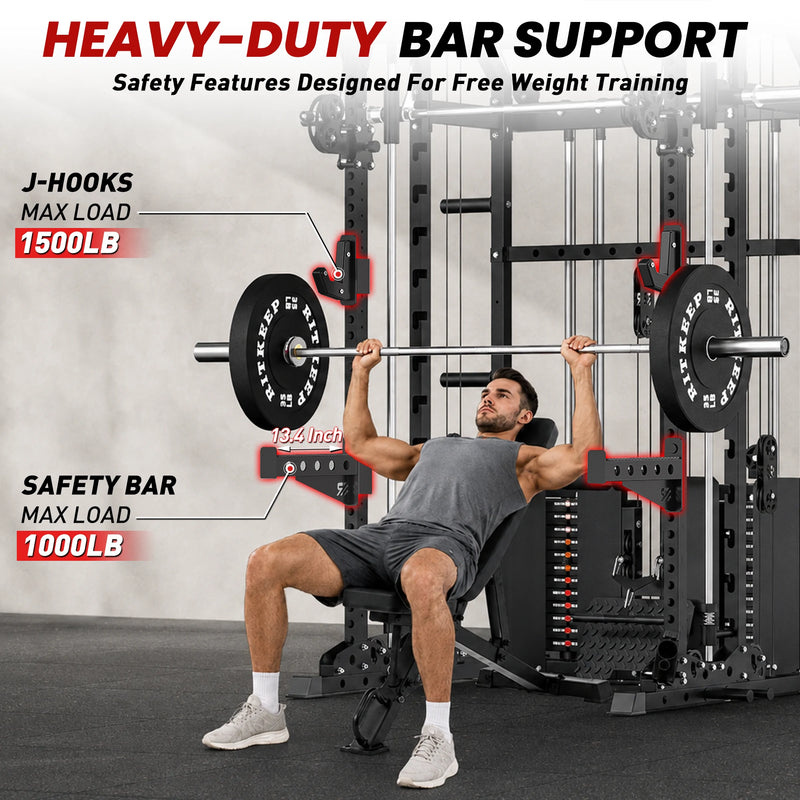 RitKeep ANVIL S1 Smith machine with J-hooks safety arms and dip bars for free weight training.