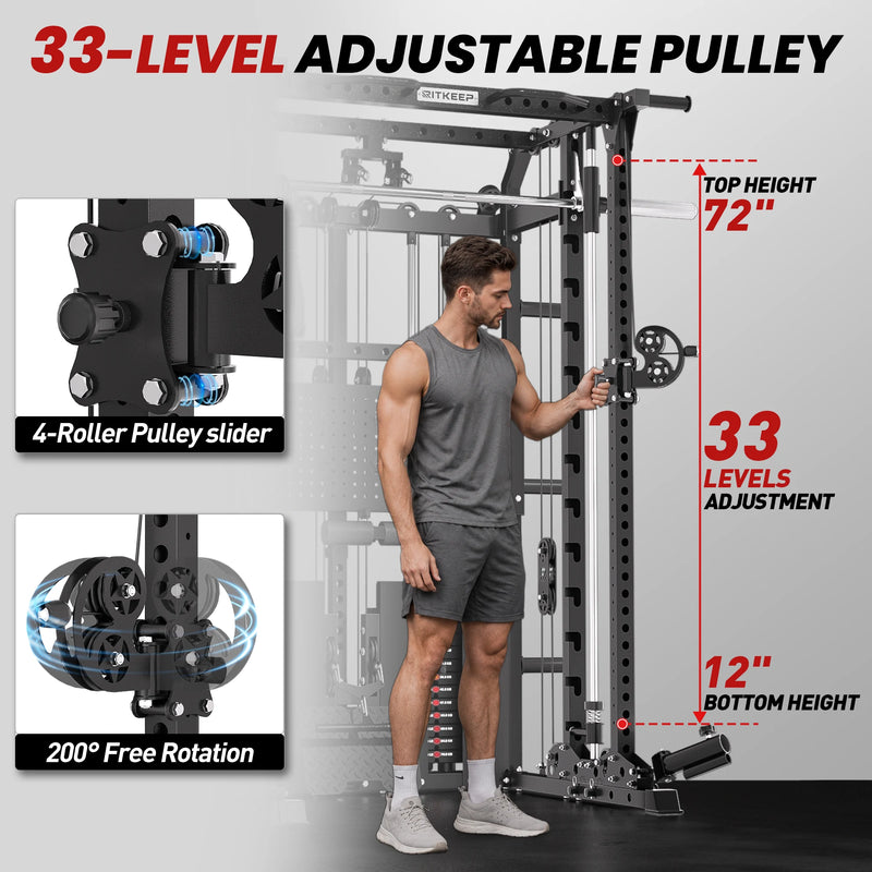 RitKeep ANVIL S1 Smith machine with adjustable cable system and 200 degree swivel pulleys.