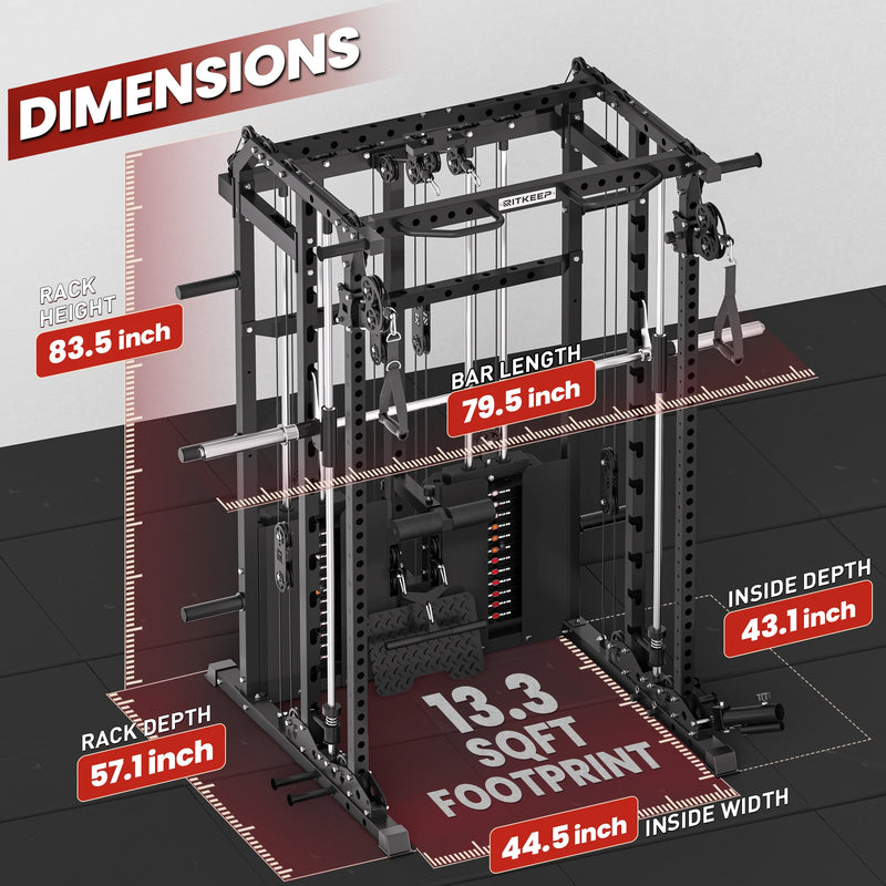 RitKeep ANVIL S1 Smith machine with compact 13.3 sq ft footprint and optimized home gym dimensions.