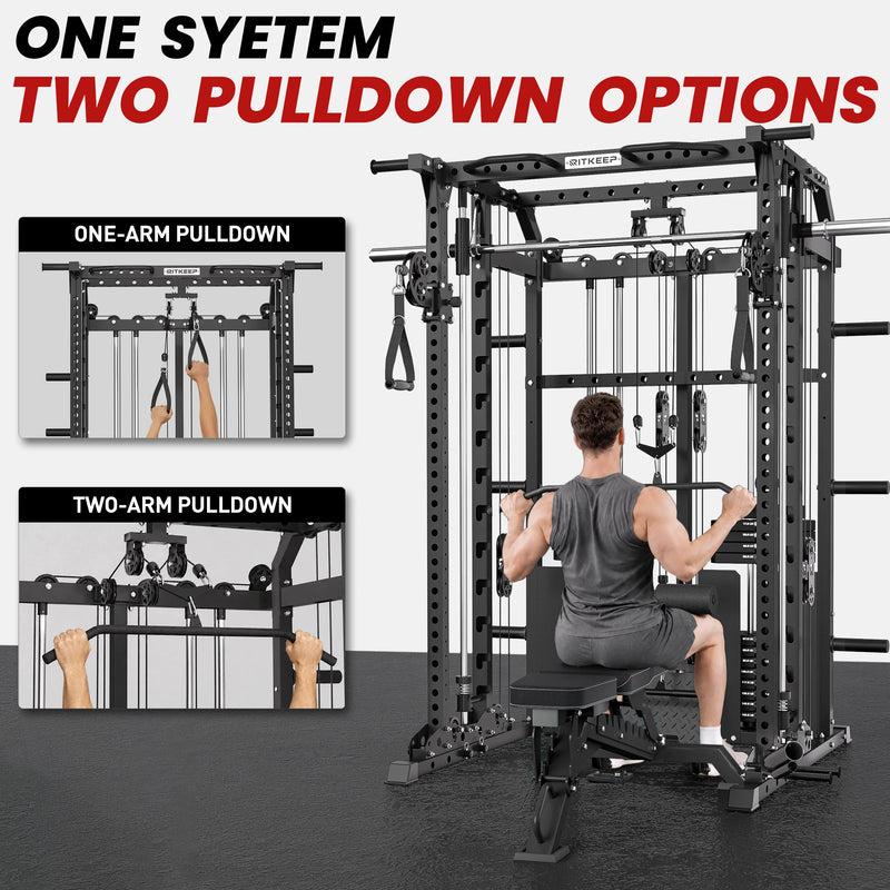 RitKeep ANVIL S1 Smith machine with dual cable lat pulldown station and adjustable leg holder.