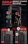 Gym cable machine with weight stacks and a person using it, highlighting weight capacity and options.